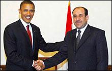 U.S. presidential candidate Barack Obama shakes hands with the Iraqi Prime Minister Nouri al-Maliki in Baghdad, Iraq, Monday, July 21, 2008. (AP/Iraqi Government)