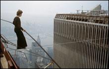 Philippe Petit on his 1974 high-wire walk between the World Trade Center towers. (Jean-Louis Blondeau / Polaris Images)