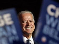 Sen. Joe Biden smiles after arriving at the Pepsi Center for the Democratic National Convention in Denver, Monday, Aug. 25, 2008. (AP Photo/Ron Edmonds)