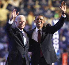 Democratic vice presidential candidate Sen. Joe Biden and Democratic presidential candidate Sen. Barack Obama wave after Biden's acceptance speech at the Democratic National Convention in Denver, Wednesday, Aug. 27, 2008. (AP Photo/Paul Sancya)