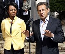 France's President Nicolas Sarkozy and U.S. Secretary of State Condoleezza Rice hold a press conference at the Fort de Bregancon residence in France, Thursday, Aug. 14, 2008. Rice launched emergency talks in France aimed at heading off a wider conflict between Russia and Georgia. (AP Photo/Philippe Laurenson)