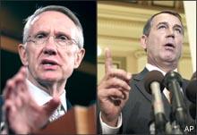 House leaders Reid and Boehner respond to reporters' questions on the financial crisis. (AP)