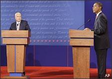 Sen. John McCain and Sen. Barack Obama face off at a presidential debate at the University of Mississippi in Oxford, Miss. (AP)