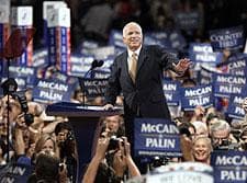 Republican presidential nominee, John McCain, at the end of his acceptance speech to the Party’s convention last night. (AP Photo)