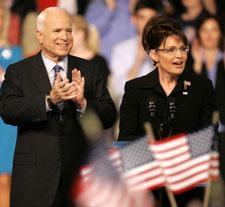 Republican presidential candidate, Sen. John McCain, and his vice-presidential running mate Alaska Gov Sarah Palin on Friday, Aug. 29, 2008 in Dayton, Ohio. (AP Photo/Mary Altaffer)