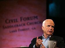 Republican presidential candidate, Sen. John McCain, R-Ariz., participates in the Compassion Forum with pastor Rick Warren, not in photo, at the Saddleback Church, Saturday, Aug. 16, 2008 in Lake Forest, Calif. (AP Photo/Mary Altaffer)