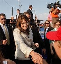 Republican vice presidential candidate, Alaska Gov., Sarah Palin, shakes hands with supporters at the conclusion of a campaign unity rally in O'Fallon, Mo., Sunday, Aug. 31, 2008. (AP Photo/Stephan Savoia)