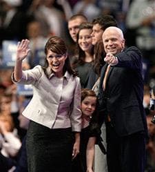 Republican vice presidential candidate Sarah Palin, left, is joined by Republican presidential candidate John McCain, right, and her family, at the end of her speech at the Republican National Convention in St. Paul, Minn., Wednesday, Sept. 3, 2008. (AP Photo/Charlie Neibergall)
