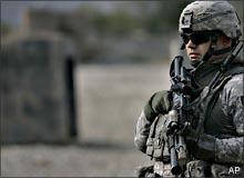 A US soldier of Duke Task Force patrols outside his base in Asad Abad at a Forward Operating Base near Pakistani border in Kunar province eastern Afghanistan, Monday, Oct 27, 2008.(AP Photo/Rafiq Maqbool)