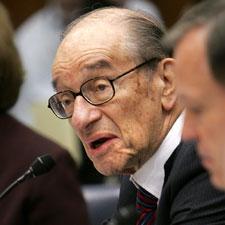 Former Federal Reserve Chairman Alan Greenspan, left,  Securities and Exchange Commission (SEC) Chairman Christopher Cox, center, testify on Capitol Hill before the House Oversight and Government Reform Committee in Washington, Oct. 23, 2008.(AP Photo/Lawrence Jackson)