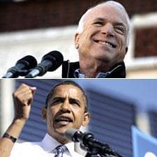 John McCain in Defiance, Ohio, Oct. 30, 2008. (AP Photo/Carolyn Kaster) Barack Obama in Des Moines, Iowa, Oct. 31, 2008. (AP Photo/Jae C. Hong) 