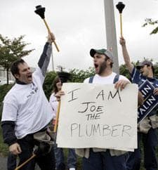 Supporters of Republican presidential candidate Sen. John McCainare dressed as Joe the Plumber as they stand outside the Roanoke Civic Center where a rally for Democratic presidential candidate, Sen. Barack Obama, D-Ill., takes place in Roanoke, Va., Oct. 17, 2008. (AP Photo/Jae C. Hong)