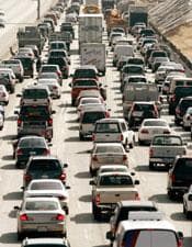 View of a miles-long traffic jam in the southbound lanes of Interstate 405 in west Los Angeles. (AP Photo/Reed Saxon)