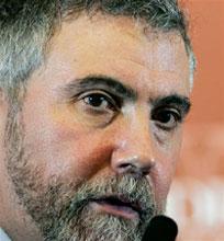 Paul Krugman talks about the economy at a gathering in Princeton, after he was announced the winner of the 2008 Nobel Prize in economics, Oct. 13, 2008. (AP Photo/Mel Evans)