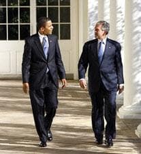 resident George W. Bush and President-elect Barack Obama walk the Colonnade to the Oval Office Monday, Nov. 10, 2008. White House photo by Eric Draper