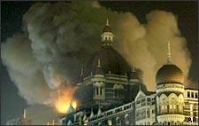Fire engulfs a part of the Taj Hotel in Mumbai, India.