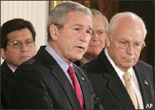 President Bush speaks prior to signing the Military Commissions Act of 2006, Tuesday, Oct. 17, 2006, in the East Room, of the White House in Washington. From left are,  Attorney General Alberto Gonzales, the president, Defense Secretary Donald H. Rumsfeld, and Vice President Dick Cheney. (AP)