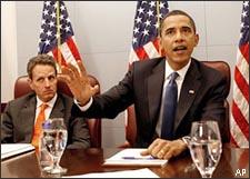 In this Jan. 5, 2009 file photo, Treasury Secretary-designate Timothy Geithner looks on at left as President-elect Barack Obama meets with members of his economic team at his transition office in Washington. Geithner, President-elect Barack Obama's choice to run the Treasury Department and lead the economic rescue effort disclosed to senators Tuesday that he failed to pay $34,000 in taxes from 2001 to 2004, a last-minute complication in an otherwise smooth path to confirmation. (AP)