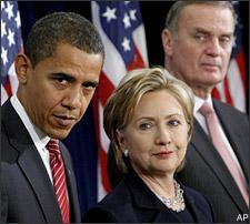 In this Dec. 1, 2008 file photo, President-elect Barack Obama, left, stands with Secretary of State-designate Sen. Hillary Rodham Clinton, D-N.Y., center, and National Security Adviser-designate Ret. Marine Gen. James Jones, right, at a news conference in Chicago. (AP)