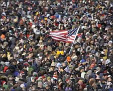 Bundled people pack the National Mall for the inauguration of President-elect Barack Obama in Washington, Jan. 20, 2009. (AP)