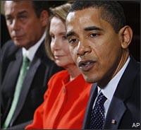 President Barack Obama speaks to reporters during a meeting about the economy with Congressional leaders, Friday, Jan. 23, 2009, in the Roosevelt Room of the White House in Washington. From left are, House Minority Leader John Boehner of Ohio, House Speaker Nancy Pelosi of Calif. and the president. (AP)