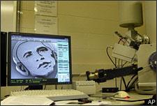 This image shows a microscopic face on a monitor of President-elect Barack Obama made using nanotechnology, and imaged using a scanning electron microscope are shown in Ann Arbor, Mich., Friday, Oct. 31, 2008. The face consists of millions of vertically-carbon nanotubes, grown by a high temperature chemical reaction. (AP Photo/John Hart)
