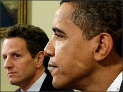 President Barack Obama, right, and Treasury Secretary Tim Geithner speak with reporters as they meet in the Oval Office of the White House in Washington Thursday, Jan. 29, 2009. (AP)
