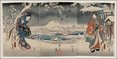 Ukiyo-e triptych print, a joint work of Utagawa Kunisada (1786-1865) and Utagawa Hiroshige, identified as a modern version of the Tale of Genji in snow scenes.