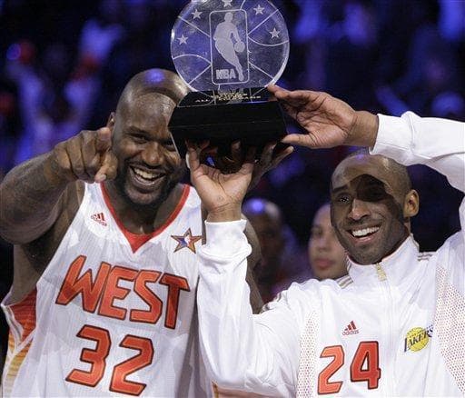 Western Conference All-Stars Shaquille O'Neal (left) of the Phoenix Suns and Kobe Bryant (right) of the Los Angeles Lakers shared the MVP award after the NBA All-Star game. Shaq and Kobe have had a drama-filled relationship since O'Neal left the Lakers in 2004. (AP Photo)