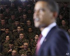 Marines listen as President Barack Obama speaks about combat troop reductions in Iraq as he addresses military personnel at Marine Corps Base Camp Lejeune, N.C., Friday, Feb. 27, 2009. (AP)