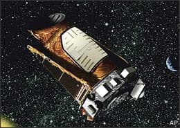 This artist rendition provided by NASA shows the Kepler space telescope. Kepler is designed to search for Earth-like planets in the Milky Way galaxy. The first opportunity to launch the unmanned Kepler space telescope aboard a Delta II rocket from the Cape Canaveral Air Force Station in Florida Friday March 6, 2009 at 10:48 p.m. EST. (AP)