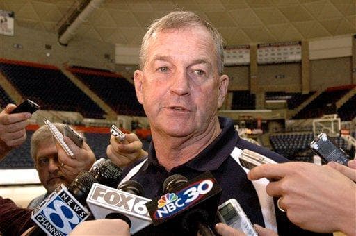 UConn men's basketball coach, Jim Calhuon, fields questions from reproters back in 2008. The team has been in the spotlight this week, not because of basketball, but because of questionable recruiting operations that surfaced. 