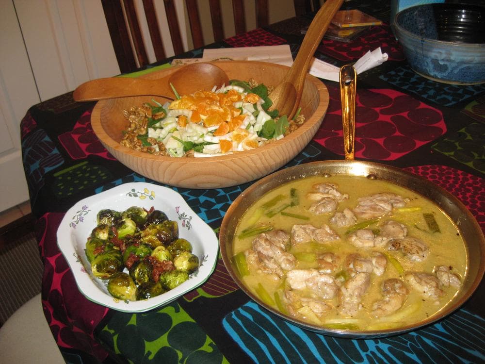 (Kathy Gunst) Winter salad, roasted brussel sprouts and braised chicken.