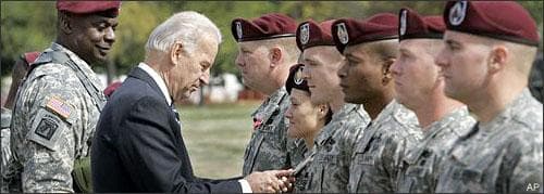 Vice President Joe Biden awards the Bronze Star to Maj. Lisa Garcia during a welcome home ceremony at Fort Bragg, N.C., Wednesday, April 8, 2009. Biden welcomed home the XVIII Airborne Corps from Iraq after their second deployment. At left is Lt. Gen. Lloyd J. Austin III, Commanding General XVIII Airborne Corps and Fort Bragg. (AP)