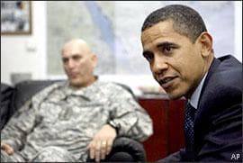 President Barack Obama meets with Gen. Ray Odierno at Camp Victory in Baghdad, Iraq, Tuesday, April 7, 2009. (AP)