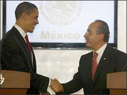 President Barack Obama, left, shakes hands with Mexican President Felipe Calderon at the end of a joint news conference at the Los Pinos presidential residence President Obama is in Mexico for a brief official visit on his way to attend the Summit of the Americas in the Caribbean Thursday, April 16, 2009 in Mexico City, Mexico. (AP)