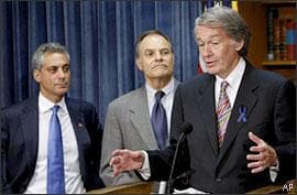 Rep. Ed Markey, D-Mass., right, accompanied by Rep. Nick Lampson, D-Texas, center, and Rep. Rahm Emmanuel, D-Ill., left, gestures during a news conference on Capitol Hill in Washington, Thursday, July 24, 2008, following a House vote on a bill to deploy light crude oil from the Strategic Petroleum Reserve. (AP)