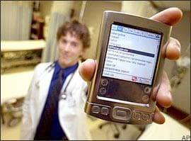 Brown University medical student Jeremy Boyd displays his personal digital assistant, or PDA, Friday, Feb. 17, 2006, at Memorial Hospital in Pawtucket, R.I. Boyd records patient data in the PDA and can reference drug and diagnostic programs. (AP)