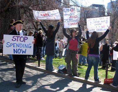 Hundreds of people gathered on the Boston Common for an anti-tax &quot;tea party&quot; on tax deadline day. (Martha Bebinger/WBUR)