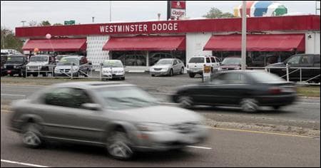 Westminster Dodge in Boston's Dorchester neighborhood is one of the 12 Chrysler dealerships in Massachusetts targeted for closure. (AP Photo)