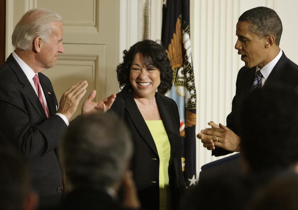 President Barack Obama and Vice President Joe Biden applaud federal appeals court judge Sonia Sotomayor, after the president announced her as his nominee to the Supreme Court, Tuesday, May 26, 2009, during a ceremony in the East Room Ceremony of the White House in Washington. (AP)