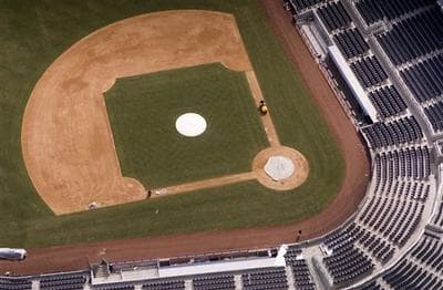 The new Yankee Stadium infield is shown in this aerial photo Sunday, March 22, 2009 in New York.  (AP Photo/Mark Lennihan)