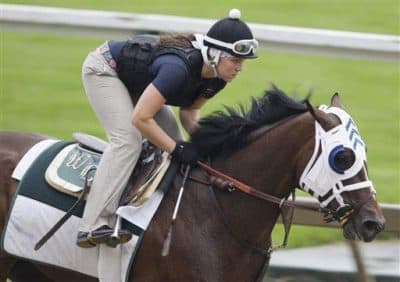 Preakness entrant Flying Private works out at Pimlico Race Course with exercise rider Taylor Carty on Thursday, May 14, 2009, in Baltimore. (AP Photo/Rob Carr)