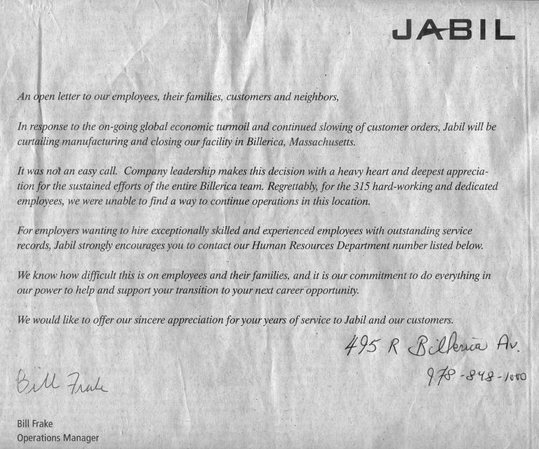 Jabil took out this ad in the Boston Globe on Feb. 23. Reporter's notes are written in the lower-right.