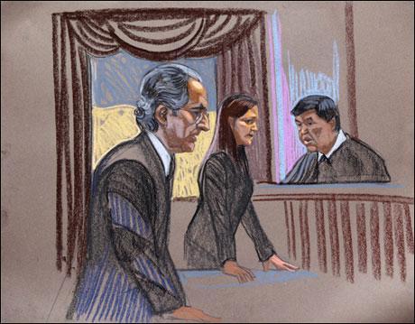 In this courtroom sketch, Bernard Madoff, left, is seen with prosecutor Lisa Baroni and judge Denny Chin in Manhattan federal court in New York, Monday. Applause broke out in the crowded courtroom after Chin issued the maximum sentence to the 71-year-old defendant, who said he sought no forgiveness and knew he must live “with this pain, this torment, for the rest of my life.” (AP Photo)