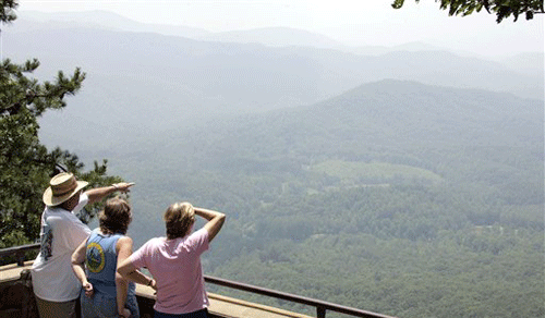Visitors to the Great Smoky Mountains National Park try to look through the haze as they stand at an overlook. The most frequently visited park in the nation and within a day's drive for two-thirds of all Americans, the park has air quality similar to that of Los Angeles. (AP)