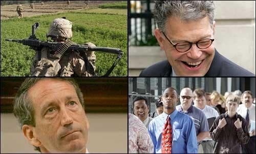 (Left to right, clockwise) U.S. Marines in Hemland province, Afghanistan; Al Franken shortly after the Minnesota Supreme Court ruled in his favor; South Carolina Governor Mark Sanford; People wait in a job fair line in Seattle, Washington. (AP)