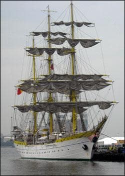 The 270-foot Mircea, from Romania, was one of the first vessels to dock in Boston on Tuesday morning for a five-day Tall Ships event. (Sarah Bush/WBUR)
