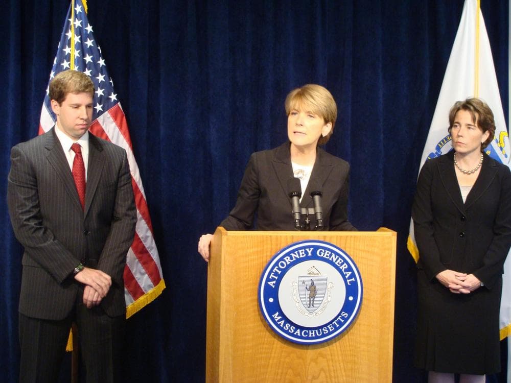 Massachusetts Attorney General Martha Coakley announced the lawsuit Wednesday challenging the federal Defense of Marriage Act, flanked by Assistant Attorney General Jonathan Miller and Maura Healey, Chief of Attorney General's Civil Rights Division.