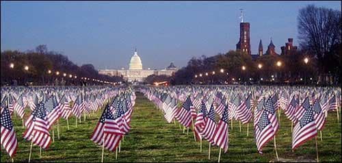 Flags planted on the Mall for &quot;12,000 Flags for 12,000 Patriots” protest in 2007. At the time, The Human Rights Campaign, which organized the protest, said that the “Don’t Ask, Don’t Tell” policy had been responsible for the discharge of at least 12,000 military personnel.  (Flickr/M.V. Jantzen; Click for full image) 